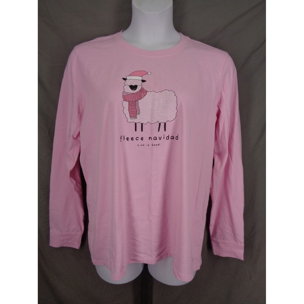 Life Is Good Pink Fleece Navidad Sheep Crusher Tee Top Long Sleeve Size XL New